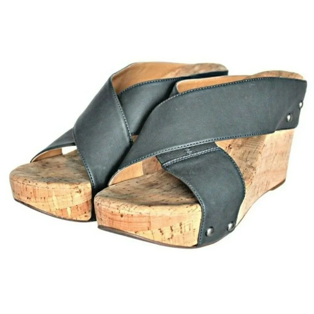 Wedges Sandals Cork Brad Studded X-Band Platform Steel Mykala Blue Women's  9.5